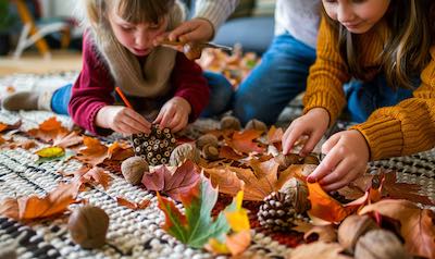 familie bastelt im herbst mit naturmaterialien