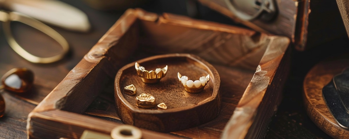Alte goldene Zahnkronen in einer Schatulle neben einer Feinwaage zum Thema Zahngold Preis