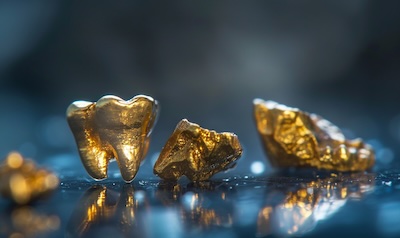 Alte Zahnkronen auf einer Feinwaage zur Ermittlung des Zahngold Preises pro Gramm